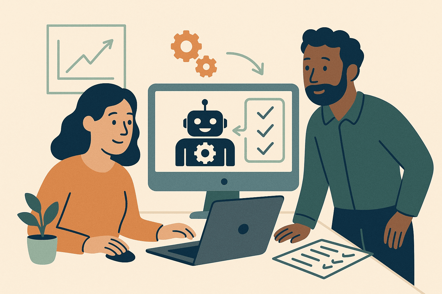 Illustration of nonprofit staff automating data tasks with a computer displaying gears and checklists, symbolizing workflow efficiency.