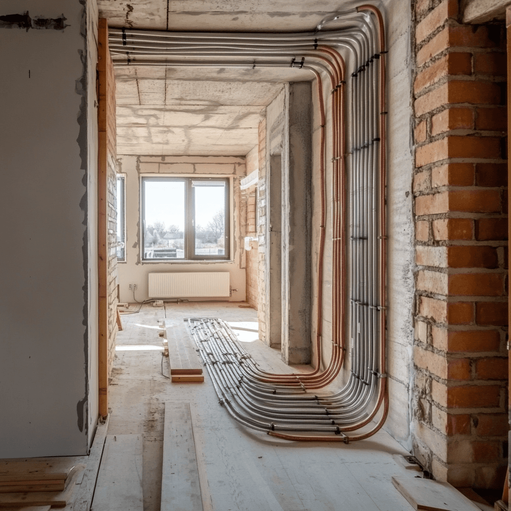 Tubazioni di impianto radiante per riscaldamento domestico in fase di installazione