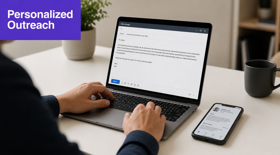 A professional writing a personalized email outreach message on a laptop while viewing a contact profile.