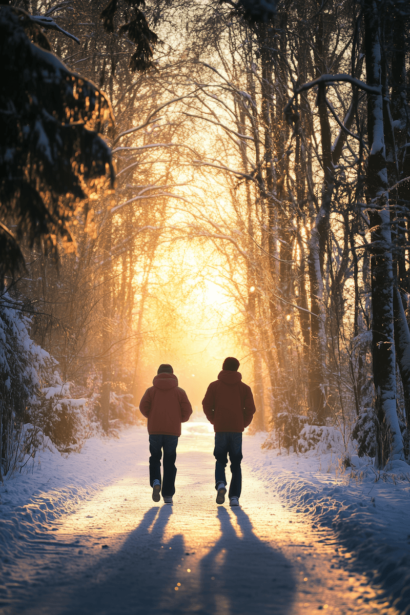 Pair walking in winter forest at sunrise, symbolizing trauma recovery, companionship, and moving forward.