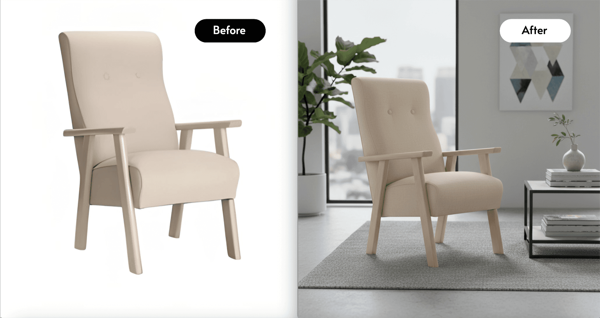 before and after image on caspa AI, lifestyle photo of a white sofa chair during the festive season