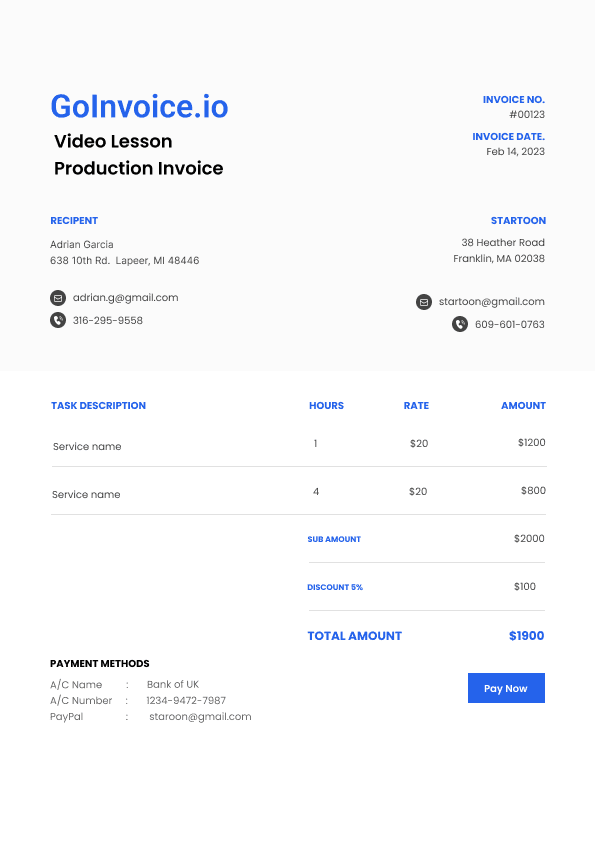 Video Lesson Production Invoice