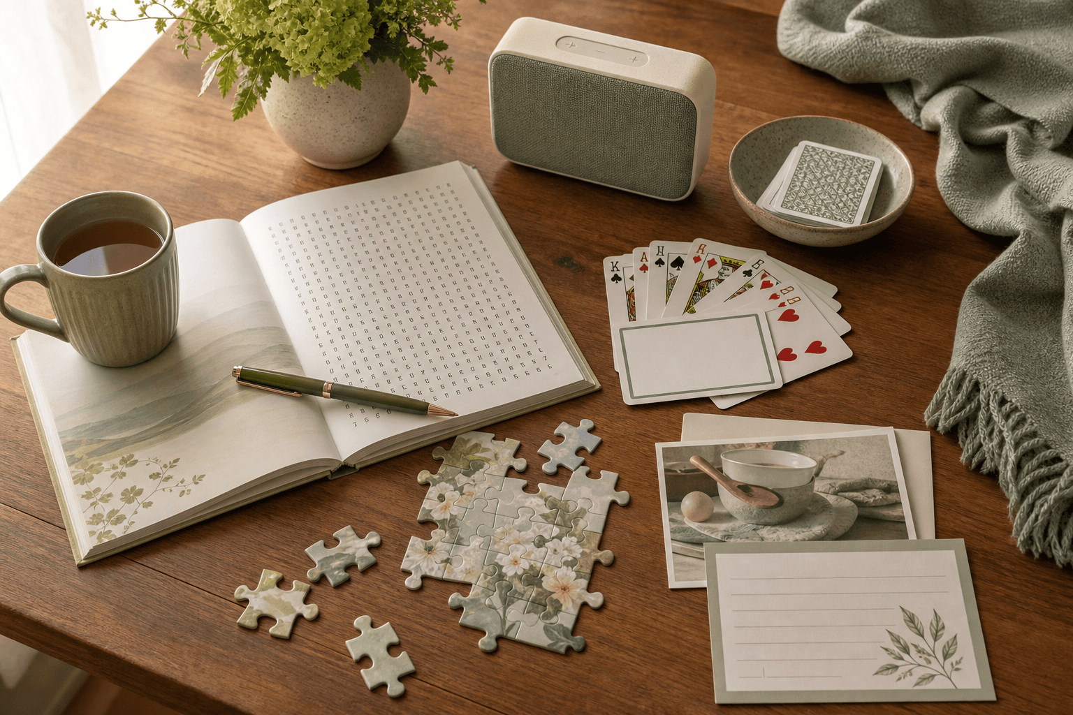 This image shows a warm and inviting wooden tabletop arrangement featuring a partially completed floral jigsaw puzzle with loose pieces, a set of playing cards fanned out alongside blank cards in a small dish, an open book with alphabet letters and a green pen resting on it, a ceramic cup filled with tea, a potted plant with green flowers, a portable speaker with fabric covering, two photo cards depicting a bowl and kitchen items, and a soft green fringed blanket. The scene creates a peaceful atmosphere for engaging in relaxing activities such as puzzling, card playing, reading, writing, and enjoying tea.