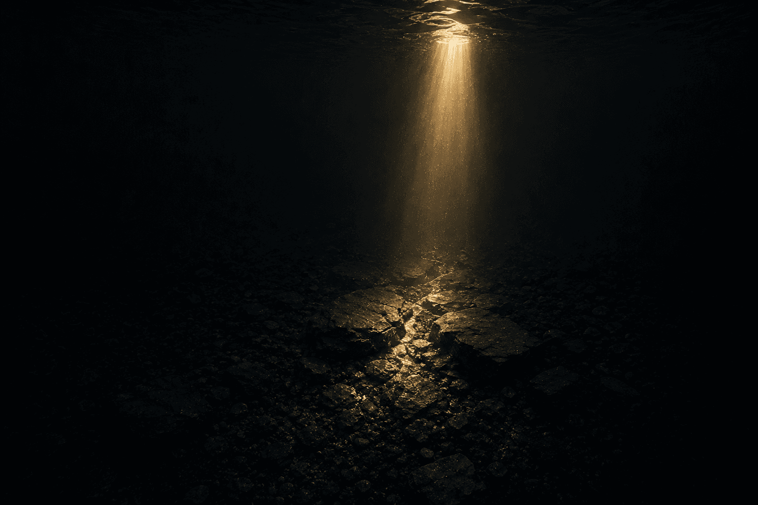 Focused light beam revealing a section of gold vein in dark rock underwater — Intervene phase