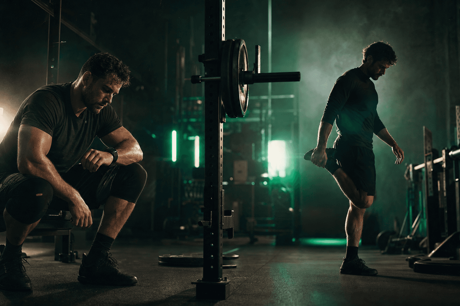 A split gym scene showing one lifter checking a rest timer and another resting intuitively between sets