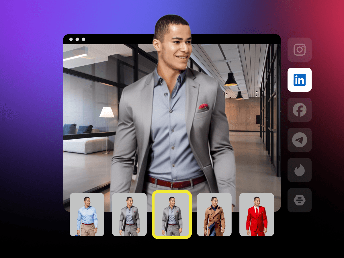  The image features a man in a gray suit with outfit options below, highlighting digital wardrobe personalization for professional profiles like LinkedIn.