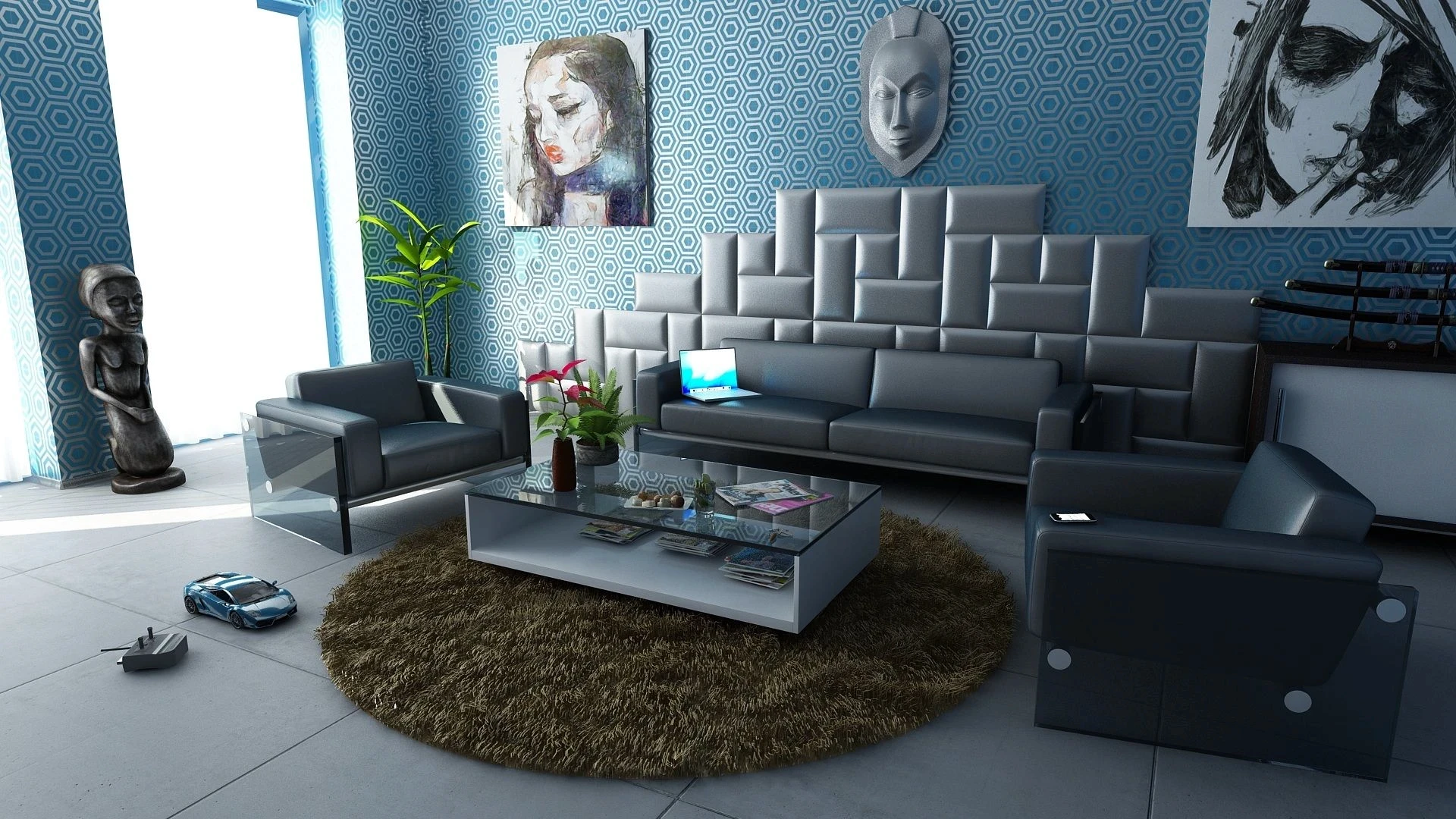 Modern grey living room set with a stylish sofa, coffee table, and blue accent wall.