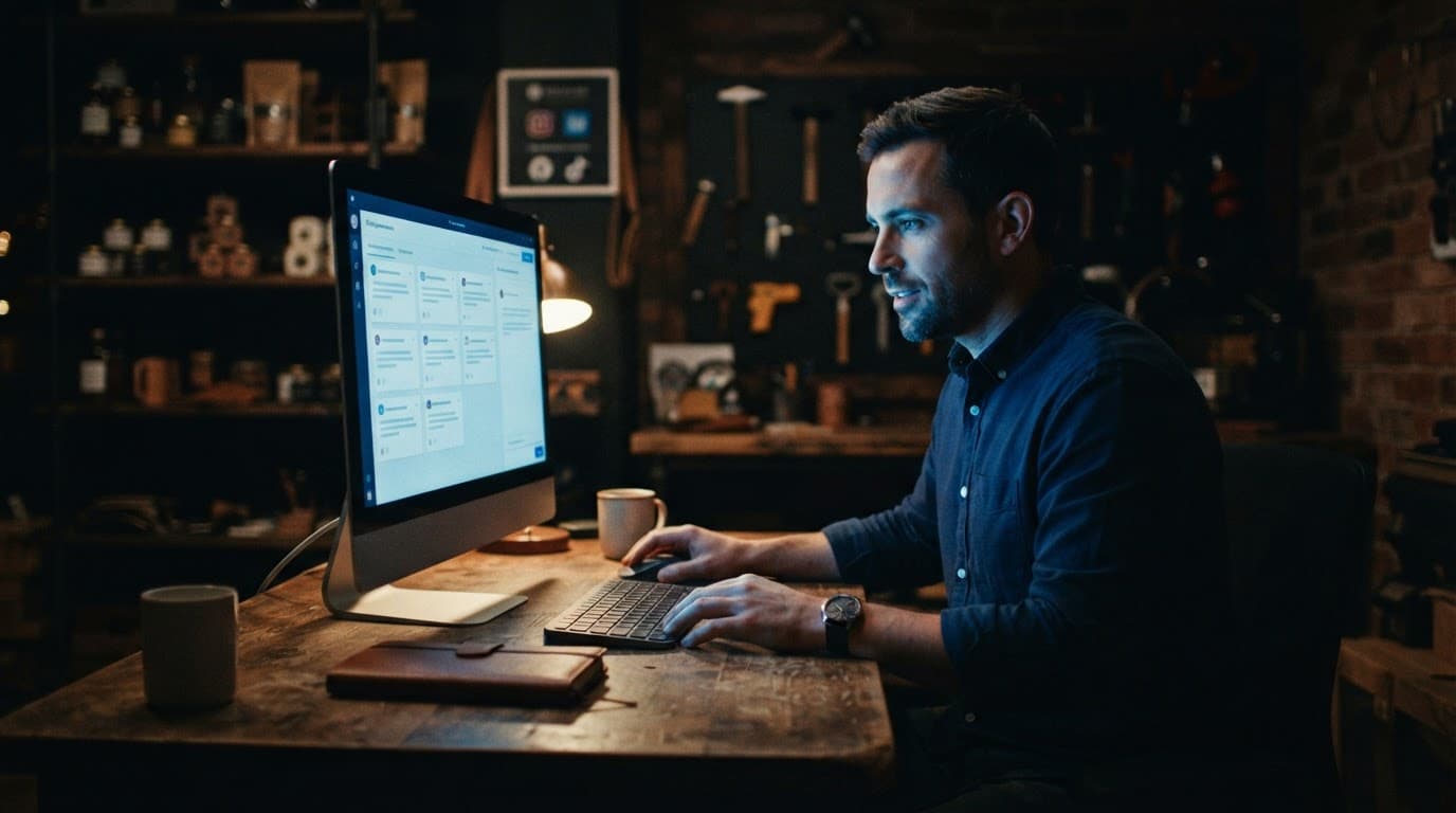 Business owner reviewing customer questions on a computer at a wooden desk.