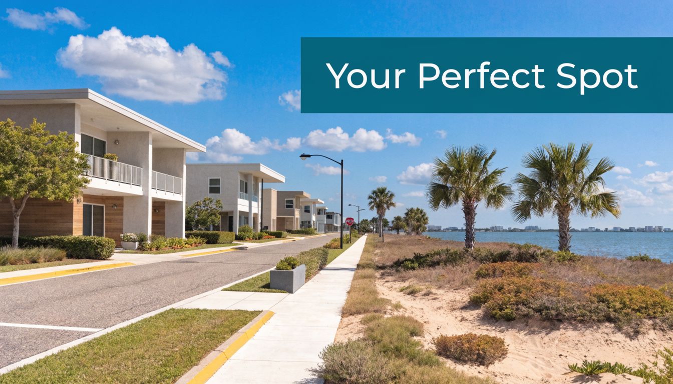 Modern beachfront townhomes in Bonita Springs, Florida, featuring scenic coastal views and a paved street.