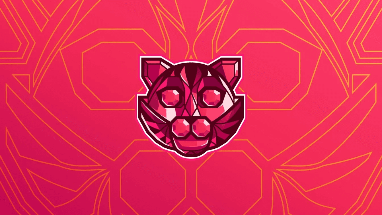 A cat's head built from faceted planes like a cut ruby, in pinks and wine, centered on a magenta field with a larger outline of the same mark behind it.