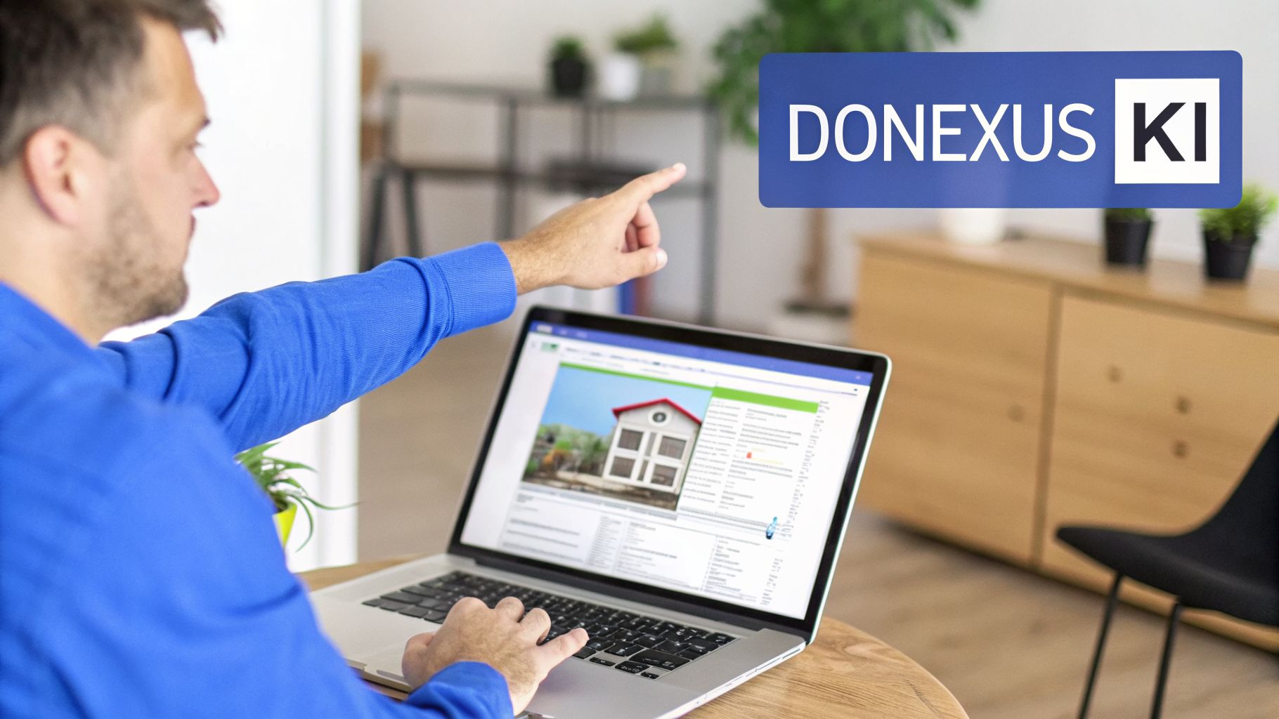 Mann zeigt auf Laptop mit Hausinformationen und DONEXUS KI Logo, in einem modernen Büro.