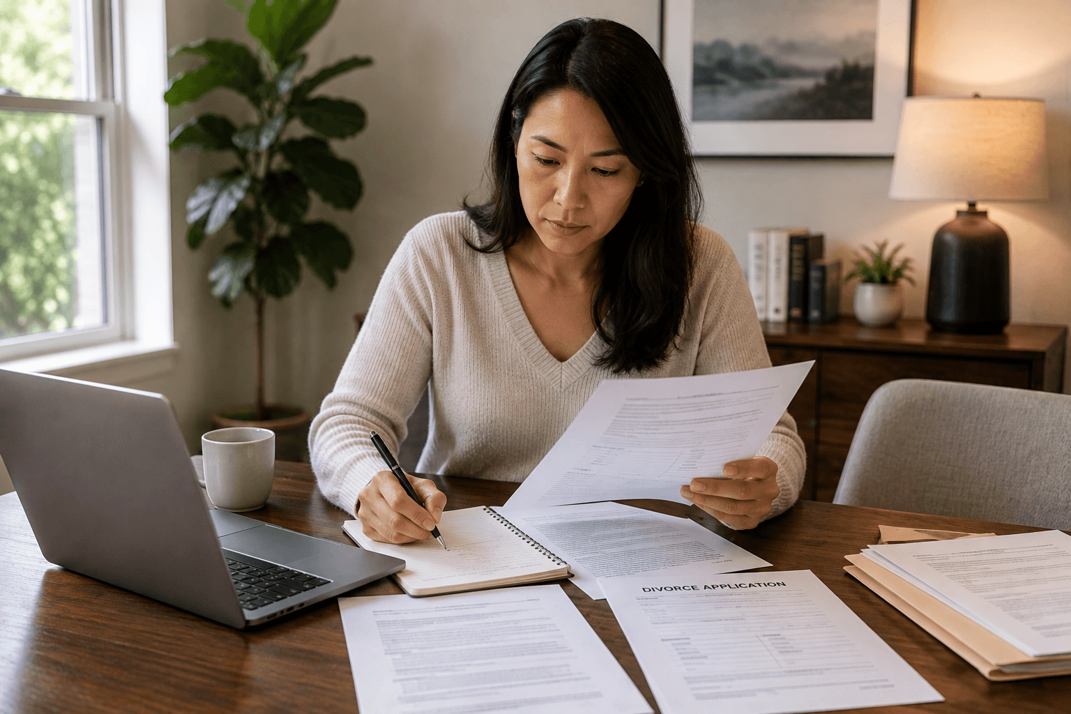 Woman reviewing divorce documents at a table while completing paperwork beside a laptop.