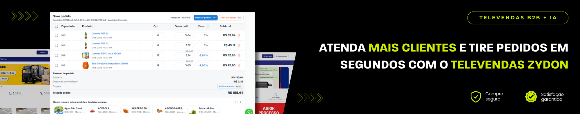 Banner horizontal com fundo escuro, ícones de segurança e satisfação, e imagens de lojas B2B exibidas à esquerda. Elementos gráficos em verde destacam o tema de e-commerce B2B com IA.