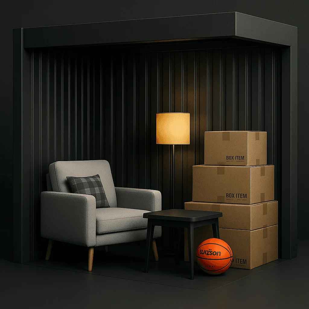 Illustration of furniture and boxes inside a 5x7.5 storage unit
