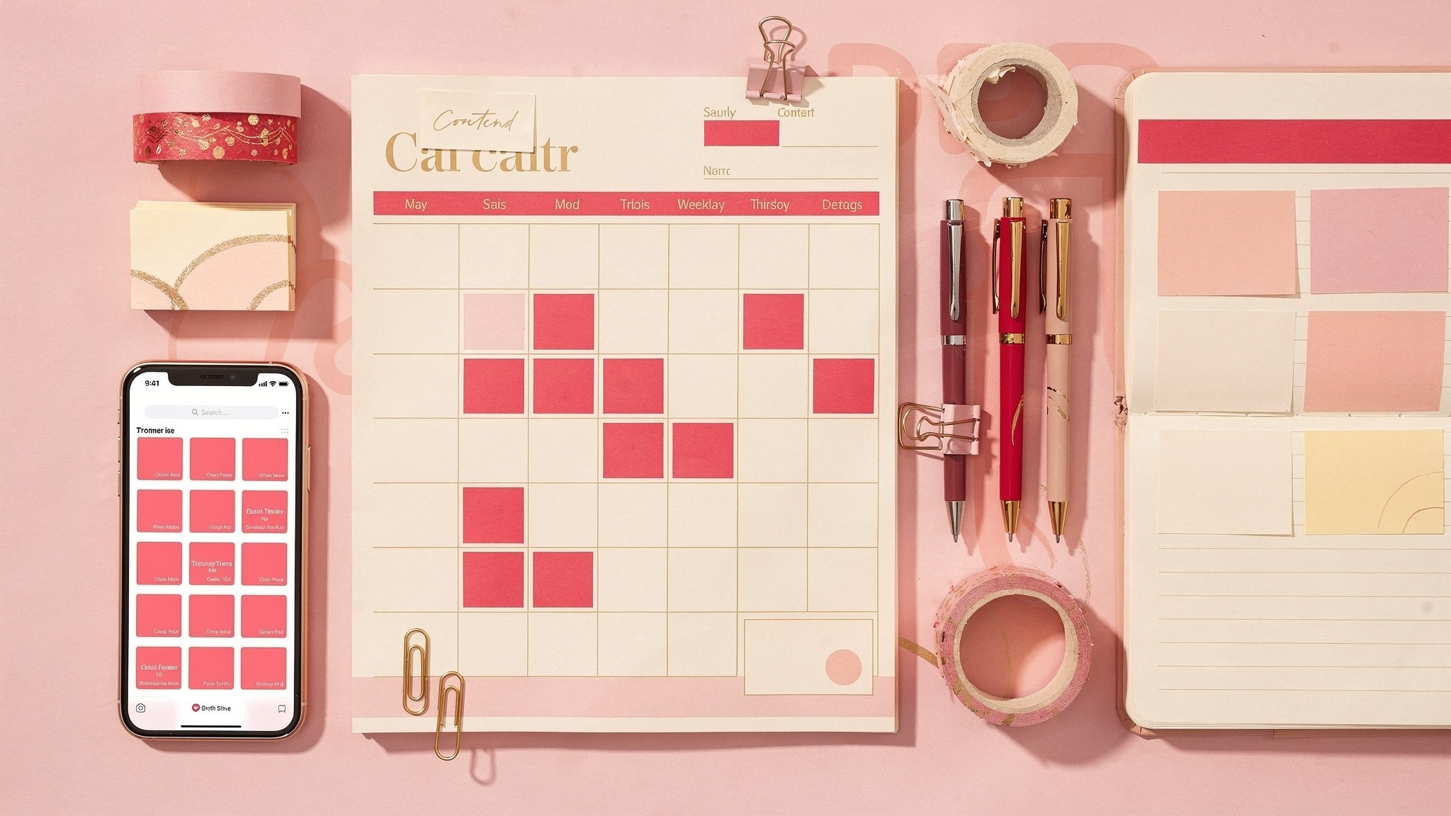 Pink flat lay of a batched content calendar and planner for an Instagram theme page
