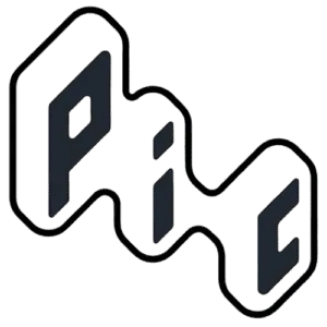 Mot « PIC » en design géométrique 3D, contours noirs et remplissage gris foncé.