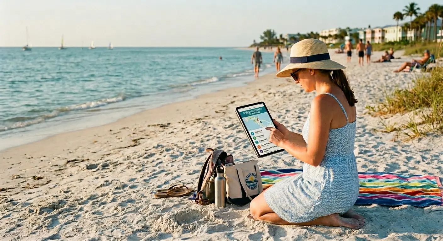 woman on holmes beach, fl looking at tablet for local events