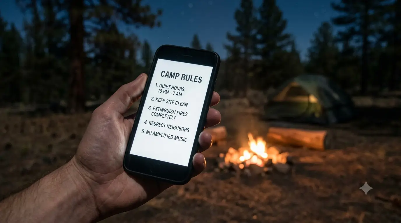 A guest holds a phone showing a campground's digital rules list, with a fire ring and tent blurred behind in the dark.
