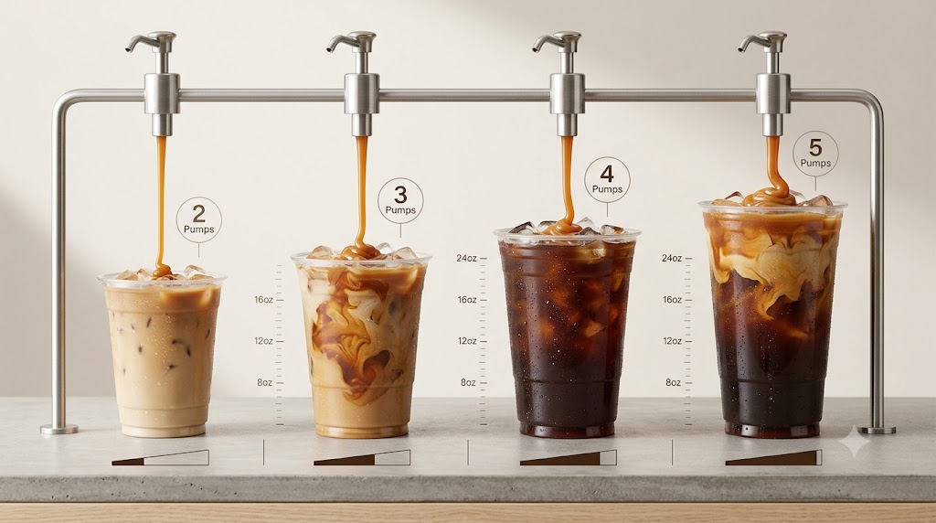 An infographic-style guide showing the number of caramel syrup pumps (2, 3, 4, 5 pumps) used in small, medium, large, and extra-large Dunkin' iced coffee cups.