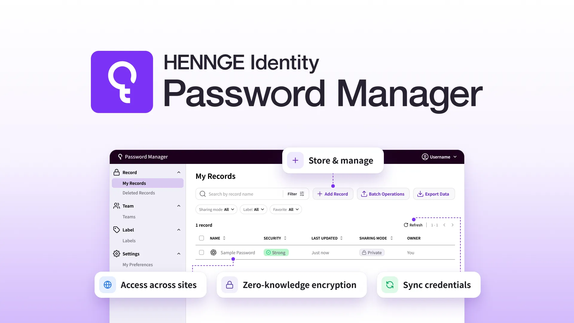 HENNGE Identity Password Manager banner displaying the product title, logo, and a dashboard preview highlighting core features: Store & manage, Access across sites, Zero-knowledge encryption, and Sync credentials.