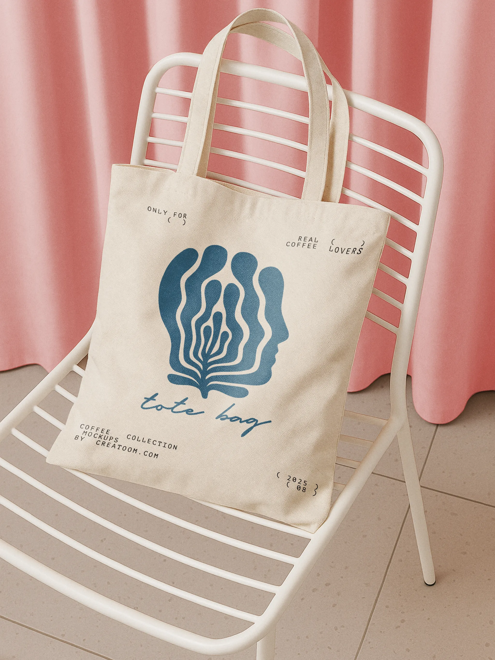 Branded tote bag on white chair in pastel setting
