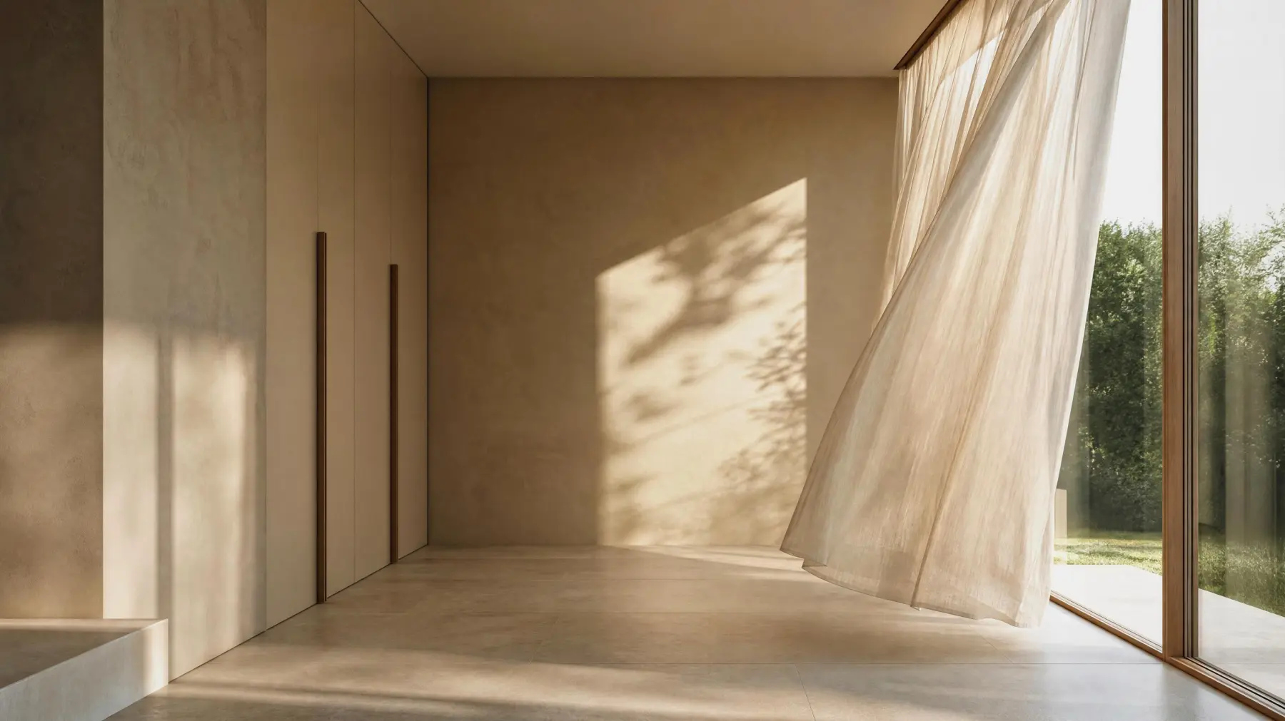 Minimalistischer Innenraum mit beiger Wand, großem Fenster, weichem Tageslicht und leicht bewegtem Vorhang