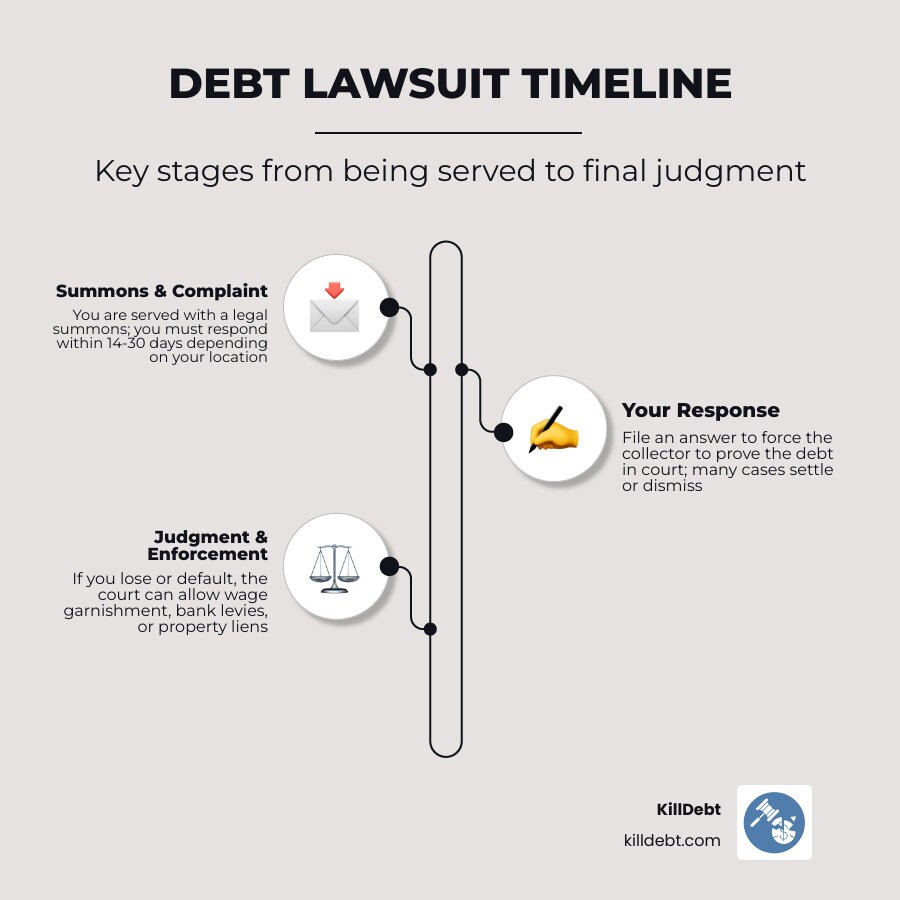 Debt lawsuit timeline from summons to judgment with key deadlines and decision points infographic