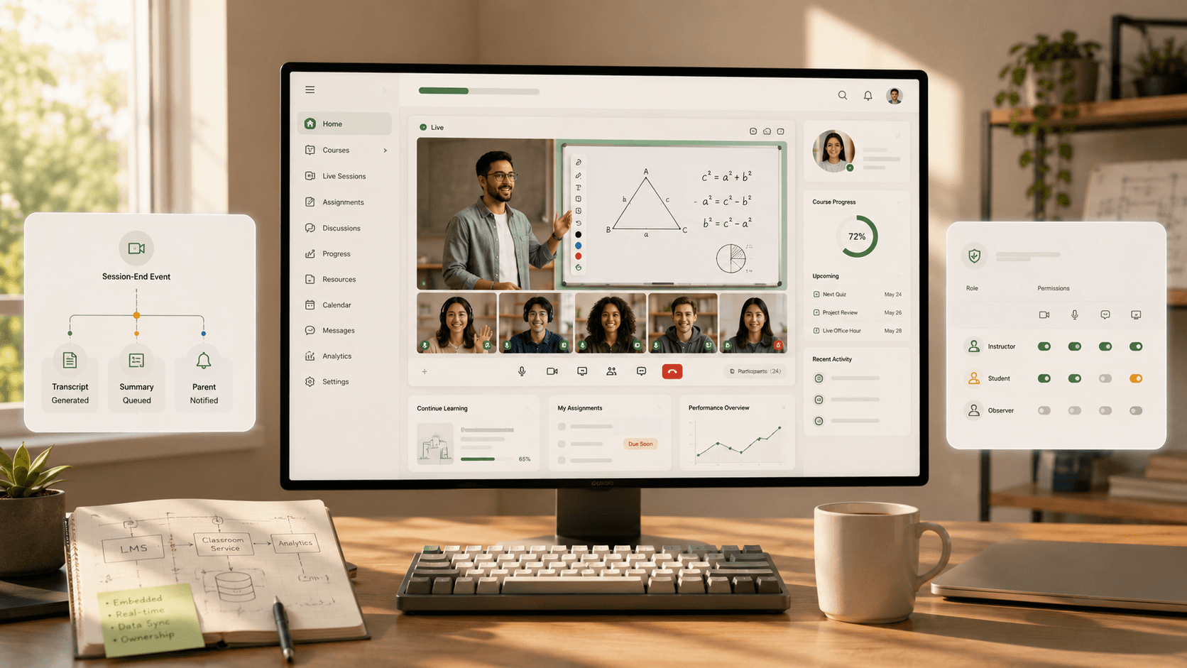 White label virtual classroom embedded in an online learning platform with session workflows, analytics, and role controls