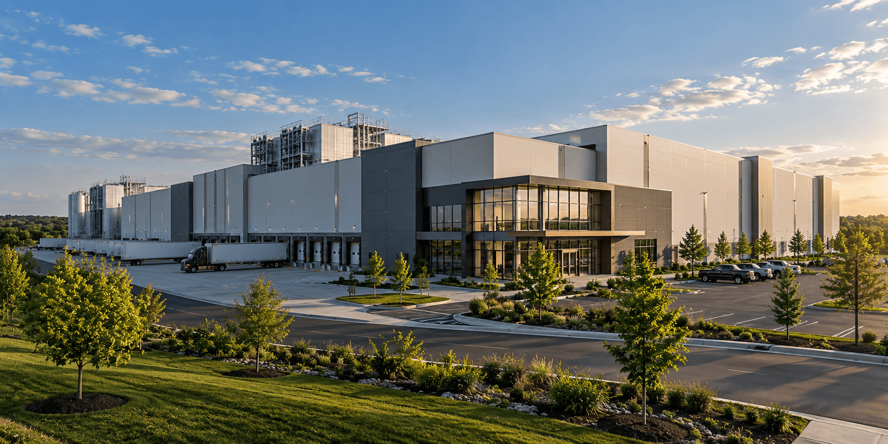 Industrial facility, glass entrance, loading areas and landscaped site at golden hour