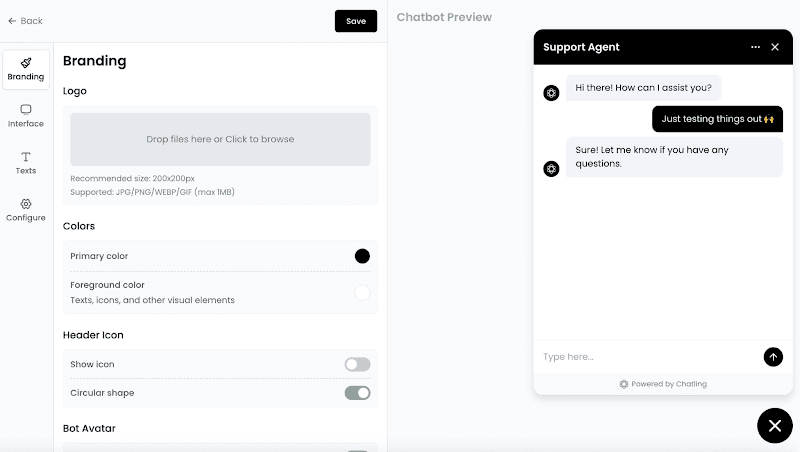 Chatling widget settings showing the enabled source-display control for AI responses