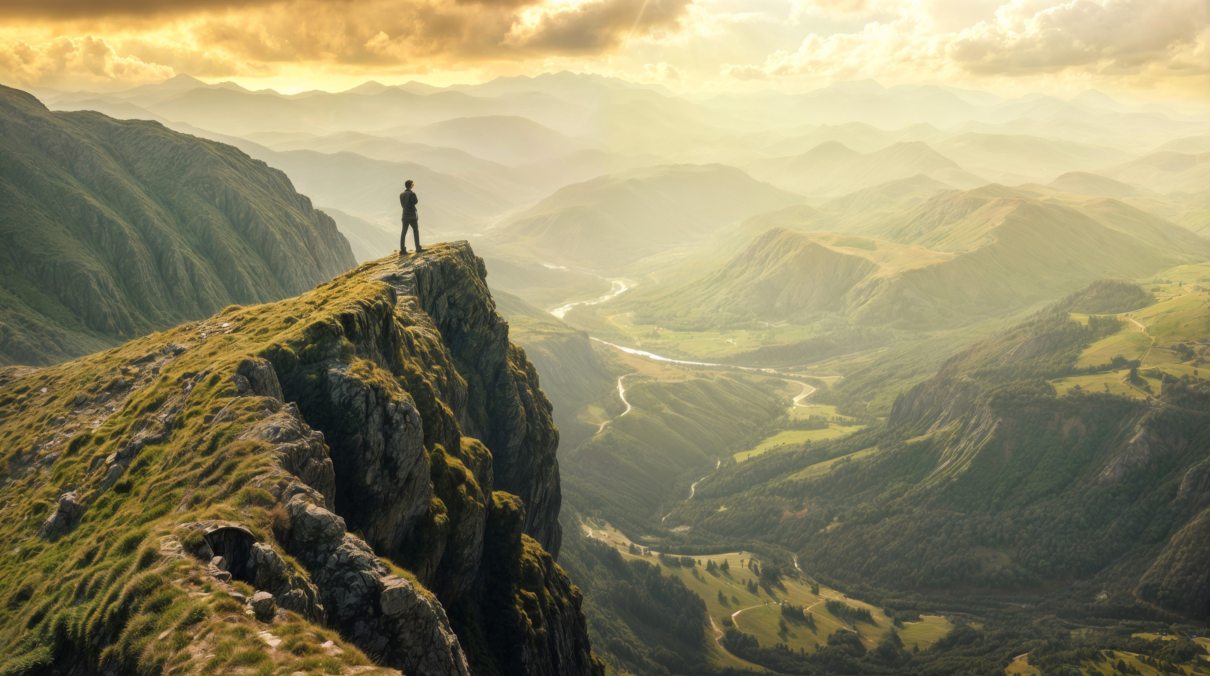 Golden light spreading across a mountain ridge at sunset