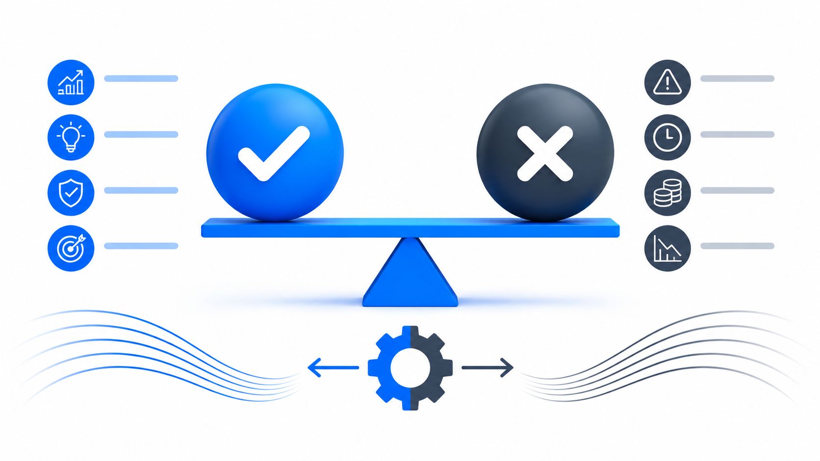 A 3D graphic showing a balance scale weighing positive checkmarks against negative crosses with icons and gears.