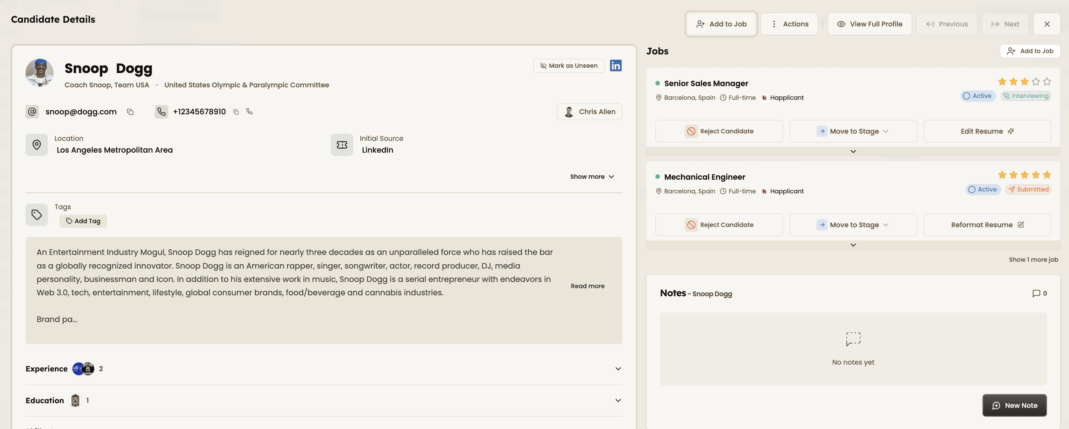 Candidate profile in Happlicant