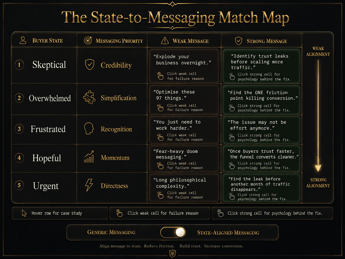 “The State-to-Messaging Match Map” Concept: A vertical, five-row matching table or alignment chart. Each row pairs a buyer state with its messaging priority and a before/after example:  Buyer State	Messaging Priority	Weak Message	Strong Message Skeptical	Credibility	“Explode your business overnight.”	“Identify trust leaks before scaling more traffic.” Overwhelmed	Simplification	“Optimise these 97 things.”	“Find the ONE friction point killing conversion.” Frustrated	Recognition	“You just need to work harder.”	“The issue may not be effort anymore.” Hopeful	Momentum	Fear-heavy doom messaging.	“Once buyers trust faster, the funnel converts cleaner.” Urgent	Directness	Long philosophical complexity.	“Find the leak before another month of traffic disappears.” A thin, glowing arrow runs down the right side, showing increasing alignment from weak to strong.  Style: Spreadsheet-luxury meets diagnostic UI. Dark background, gold foil lines, serif for states, monospace for examples. Feels like a strategic reference tool.  Interaction: Hovering any row expands a detailed case study of that buyer state. Clicking the “Weak Message” cell reveals why it fails for that state. Clicking the “Strong Message” cell reveals the psychological principle behind the fix. A toggle switches between “Generic Messaging” and “State-Aligned Messaging.”