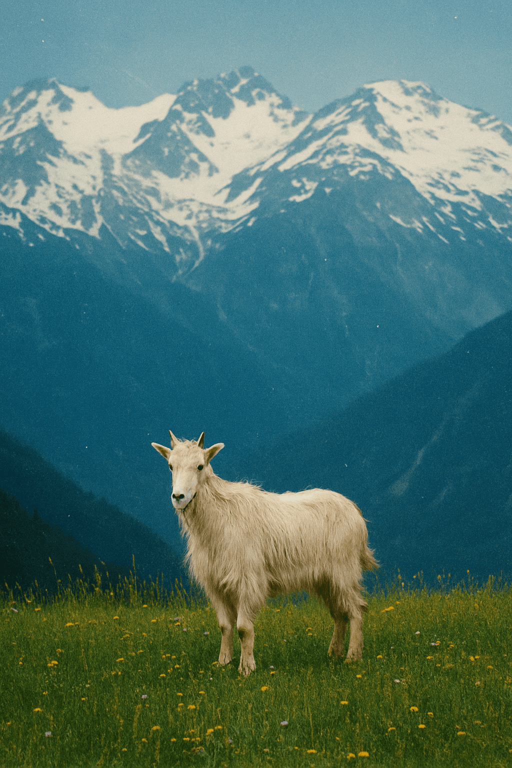 Ziege auf Wiese vor Berglandschaft
