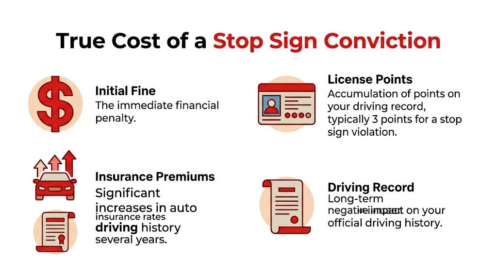 An infographic detailing the various costs and consequences associated with receiving a stop sign traffic ticket.