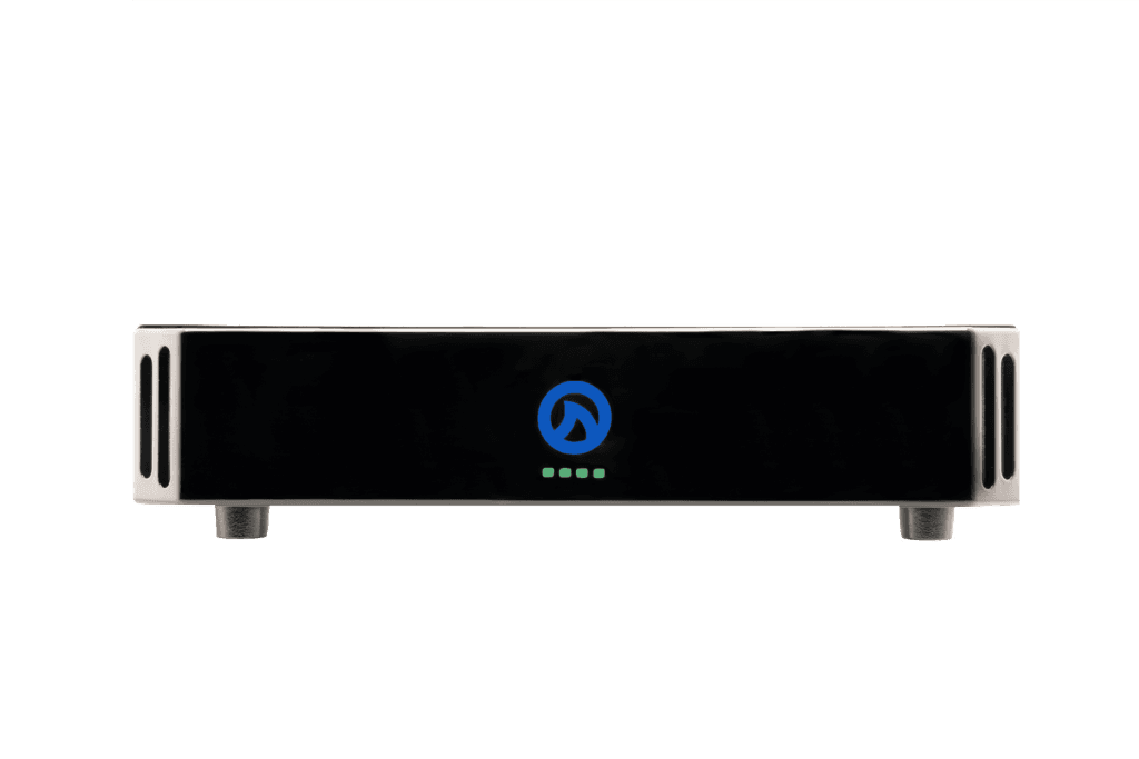 Black electronic device with blue logo and green lights