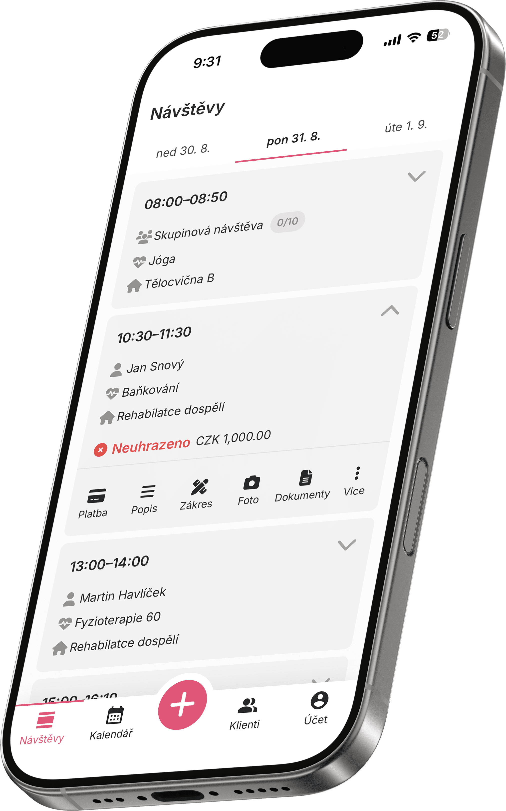 Mobilní aplikace Fyzion – přehled návštěv