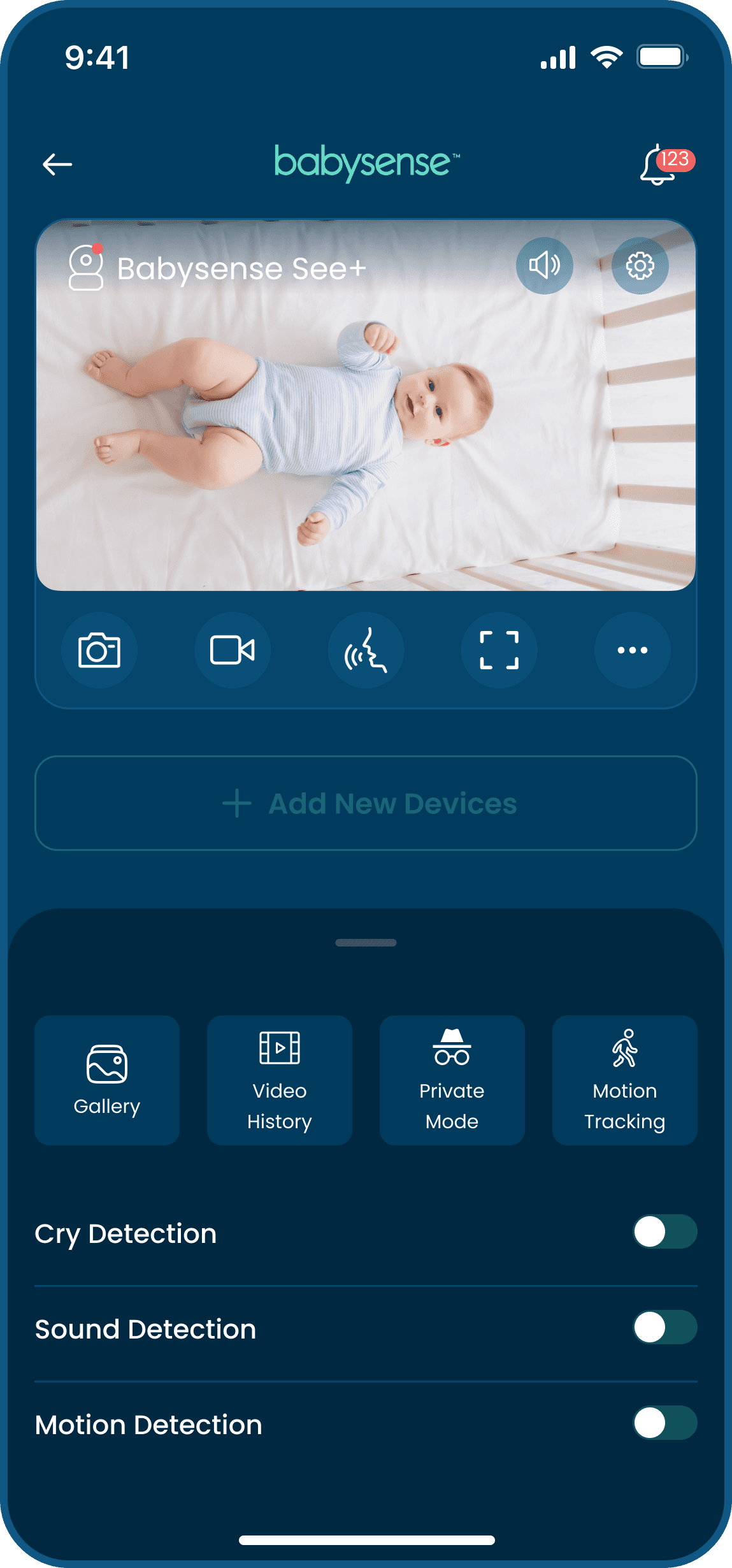 home screen of babysense mobile app with paired baby video monitor showcasing the monitor's features