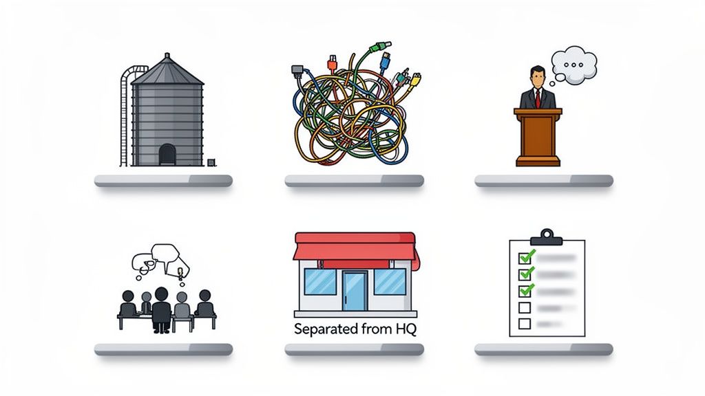 Six icons representing various business and communication challenges, including silos, tangled cables, meetings, and remote offices.