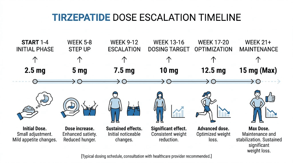 Tirzepatide dose escalation timeline from 2.5 mg starting dose to 15 mg maximum showing what to expect at each stage