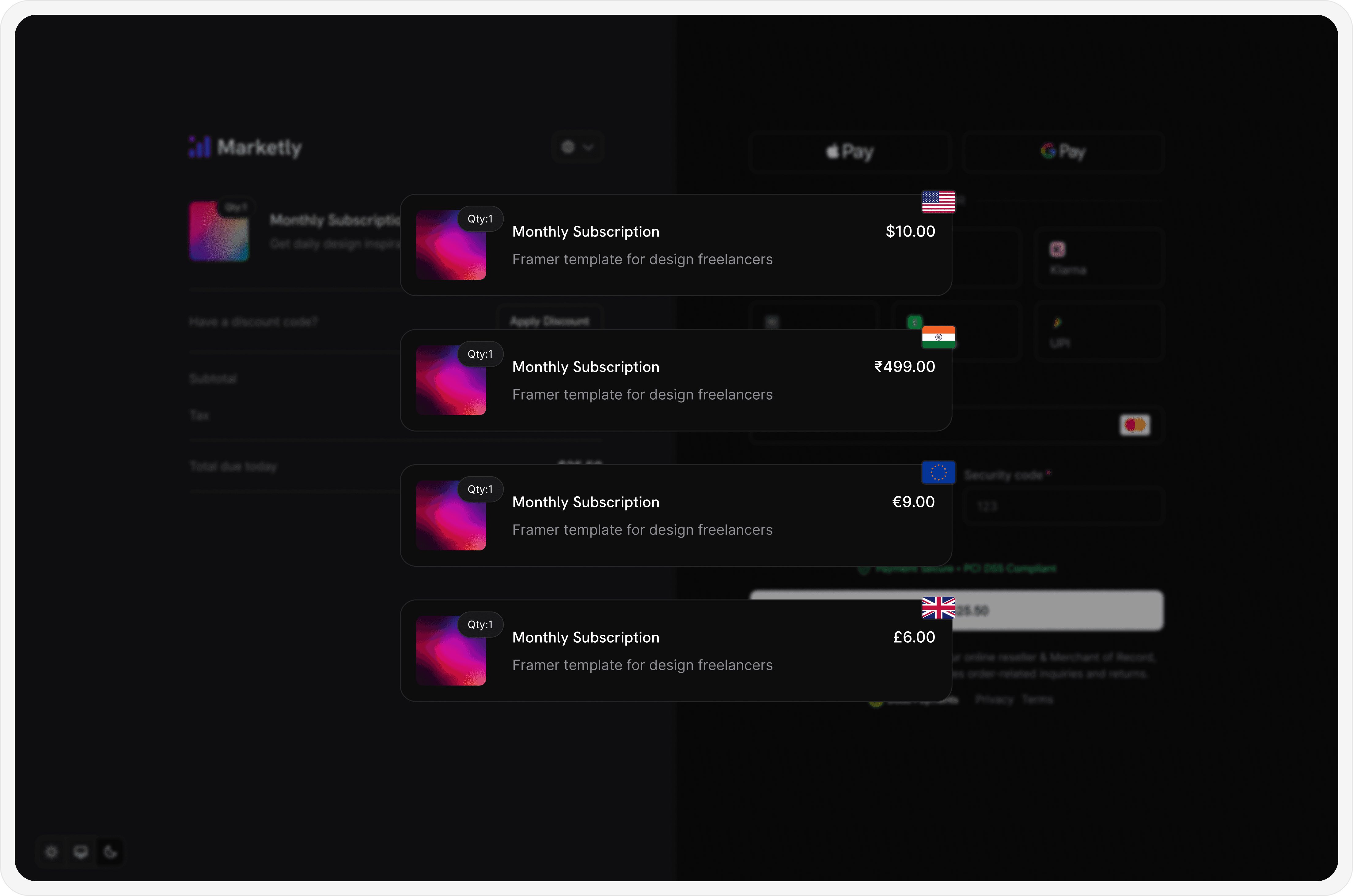 Dodo Payments dashboard with a list of supported payment methods and countries