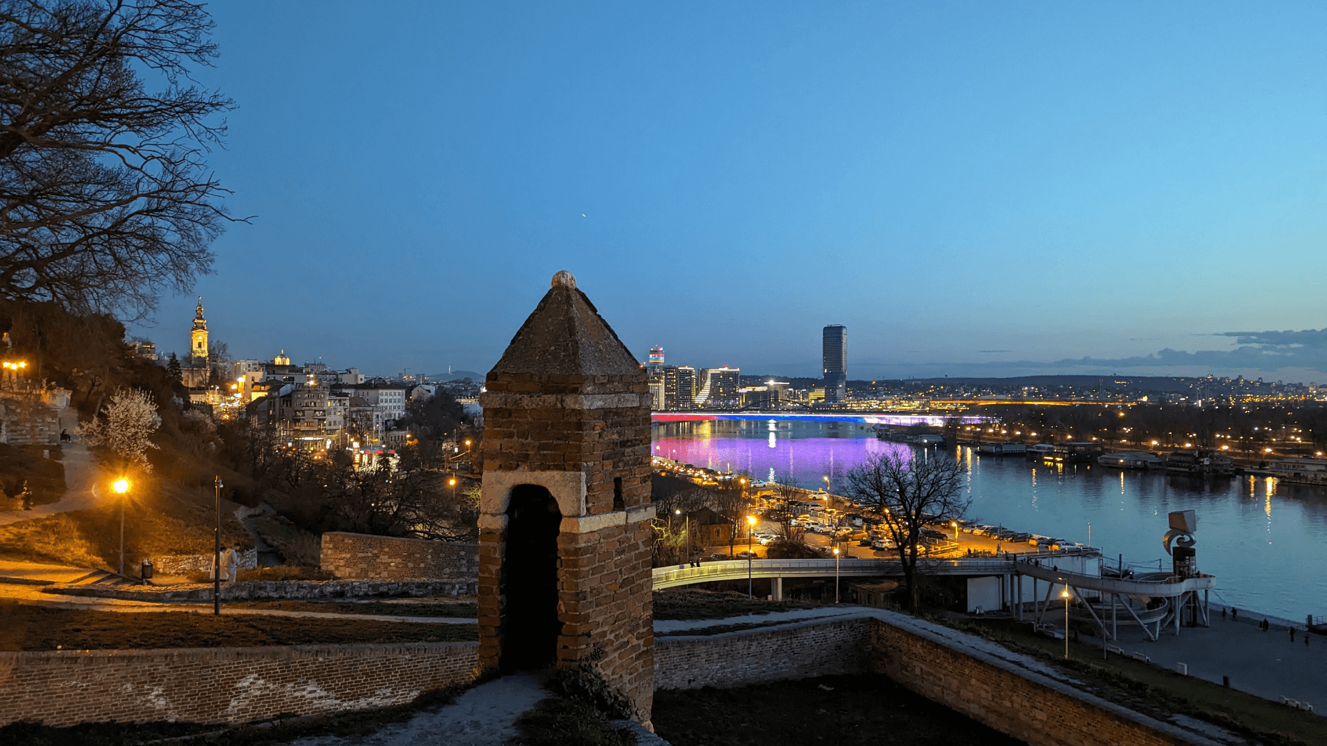 Belgrade on the river at night