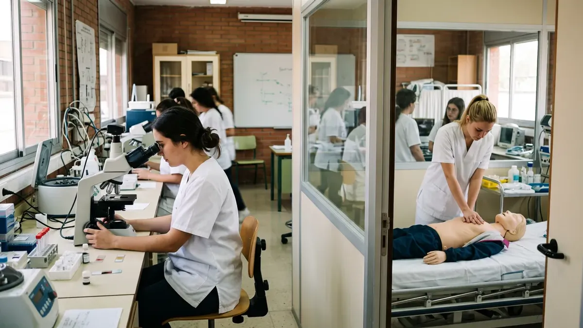 Dos estudiantes con uniforme blanco practican en un aula sanitaria, una con un microscopio y otra con un maniquí (imagen ilustrativa)
