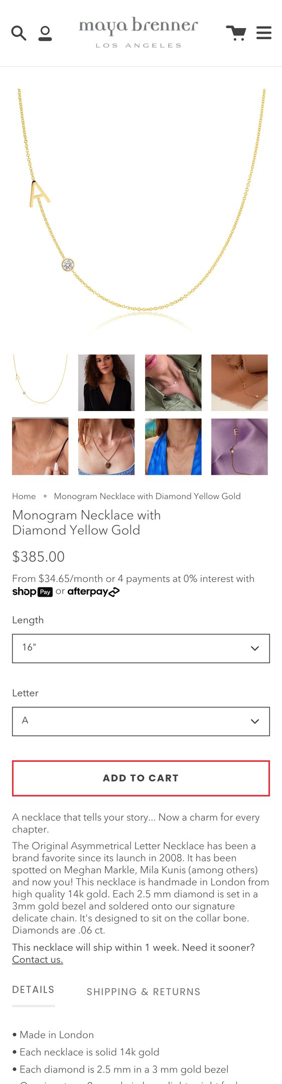 Jewelry product options include: necklace, pendant for Monogram Necklace with Diamond Yellow Gold from Maya Brenner.