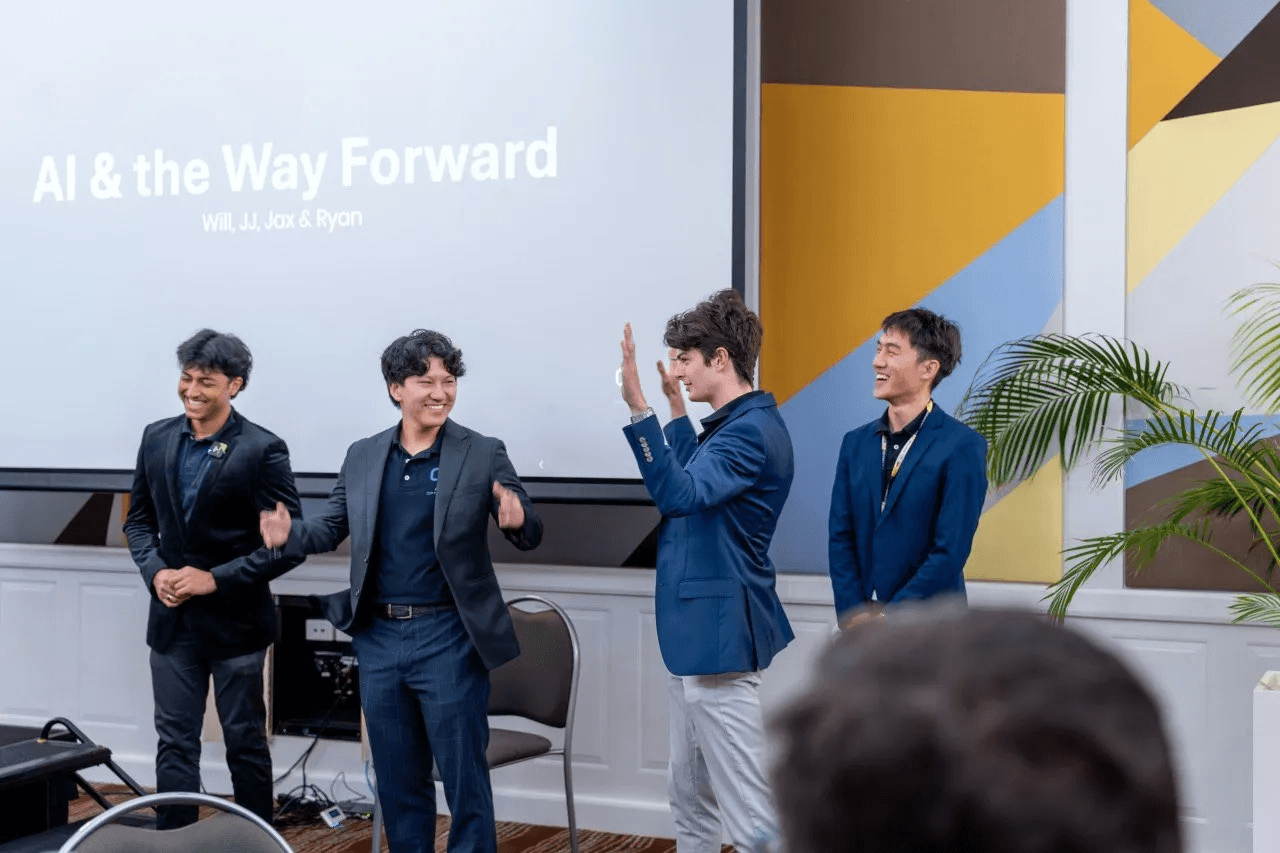 Modern glass building reflected in angled grid lines