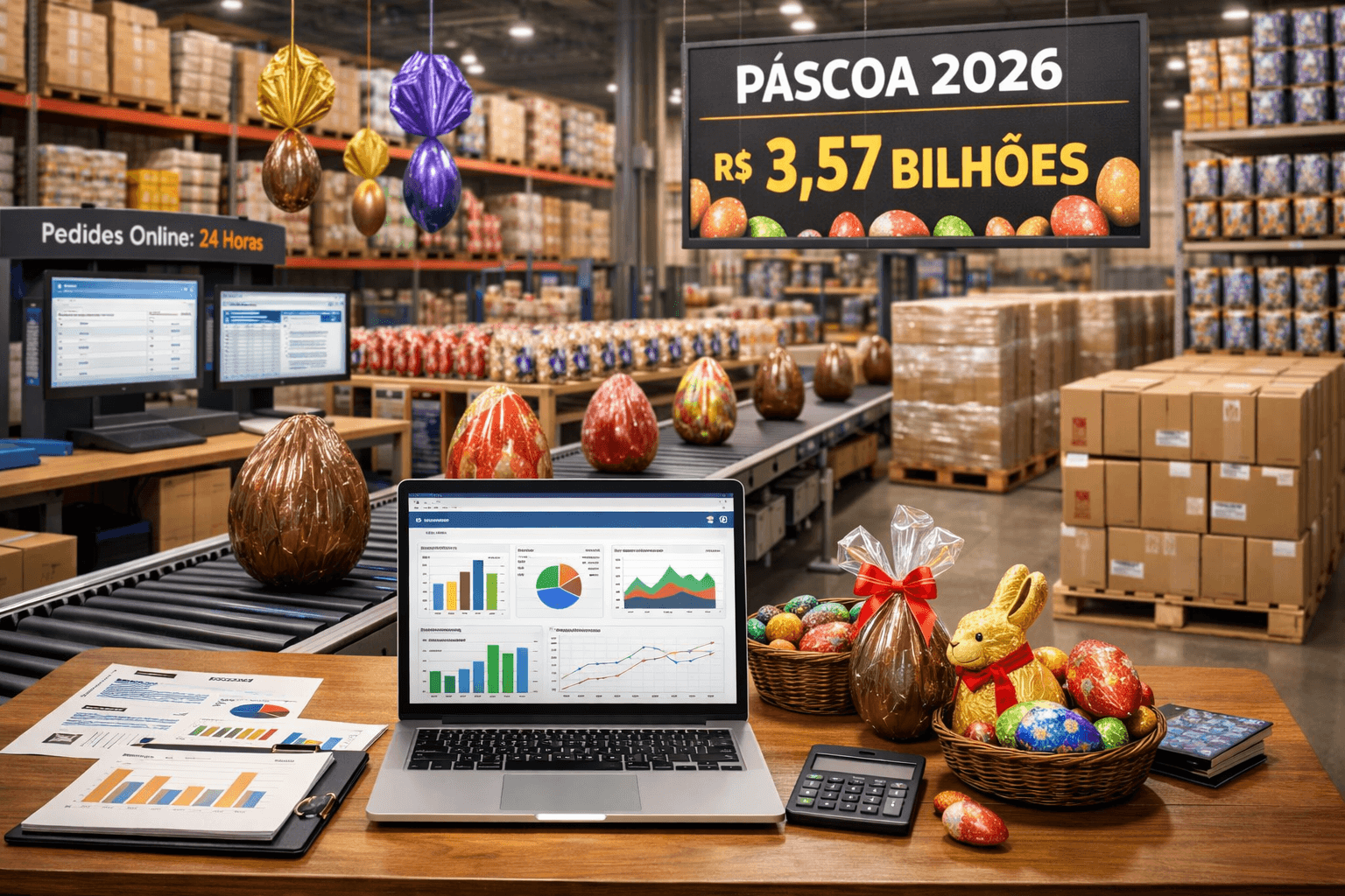 Armazém logístico em estilo 3D realista, sem pessoas, com esteiras e prateleiras cheias de produtos de Páscoa. Em primeiro plano, uma mesa com notebook exibindo gráficos de vendas, relatórios impressos e calculadora ao lado de ovos de chocolate e cesta temática. Ao fundo, pallets organizados e ambiente de distribuição, transmitindo operação comercial estruturada para o período de Páscoa.