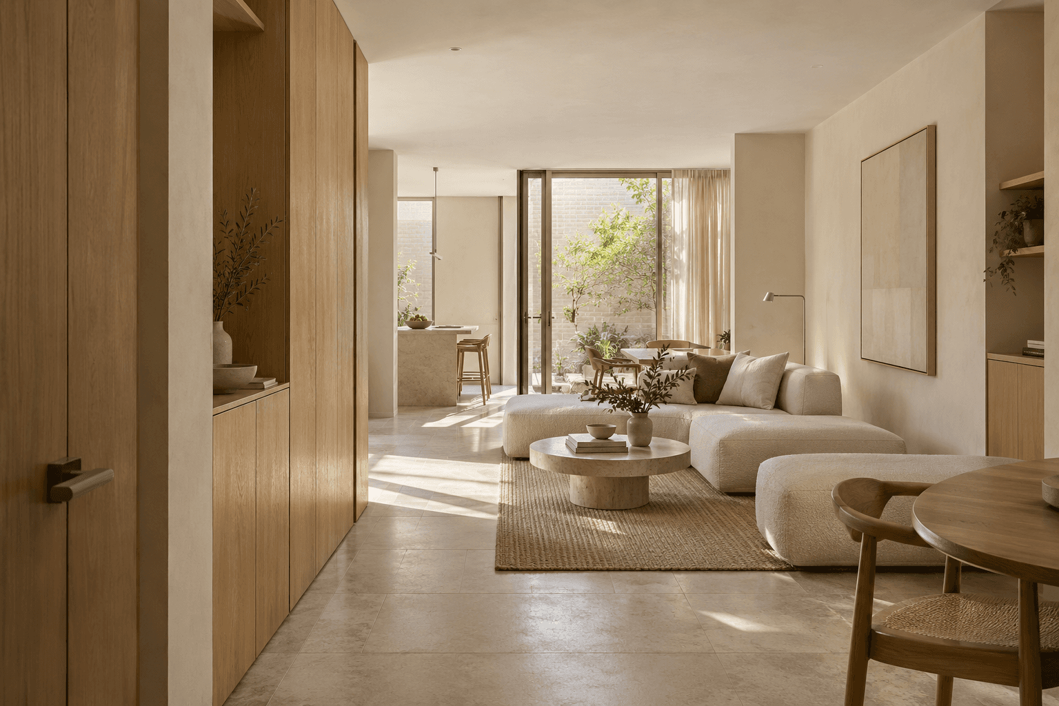 Warm timber living room in daylight