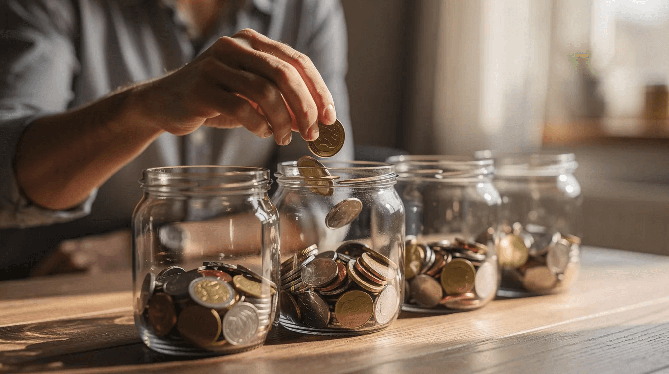 A person is carefully placing coins into several separate glass jars on a wooden table, illustrating effective cash management strategies for organizing surplus cash and preparing for future cash needs. The jars represent different cash positions, emphasizing the importance of managing cash flow and maintaining liquidity for unexpected expenses.