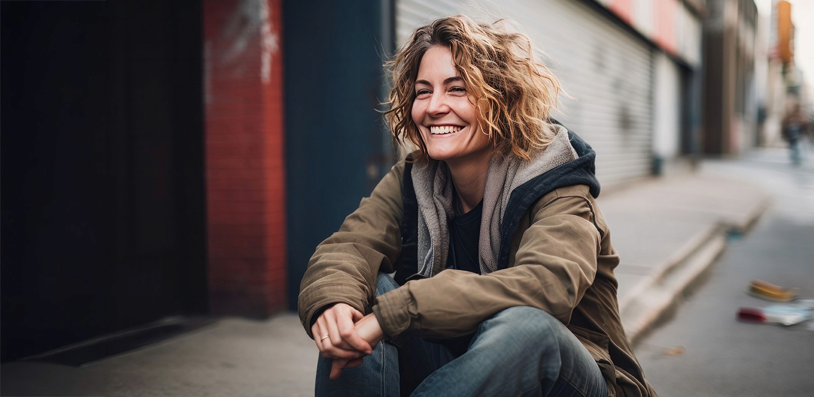Smiling homeless woman sat on a step. She is positive